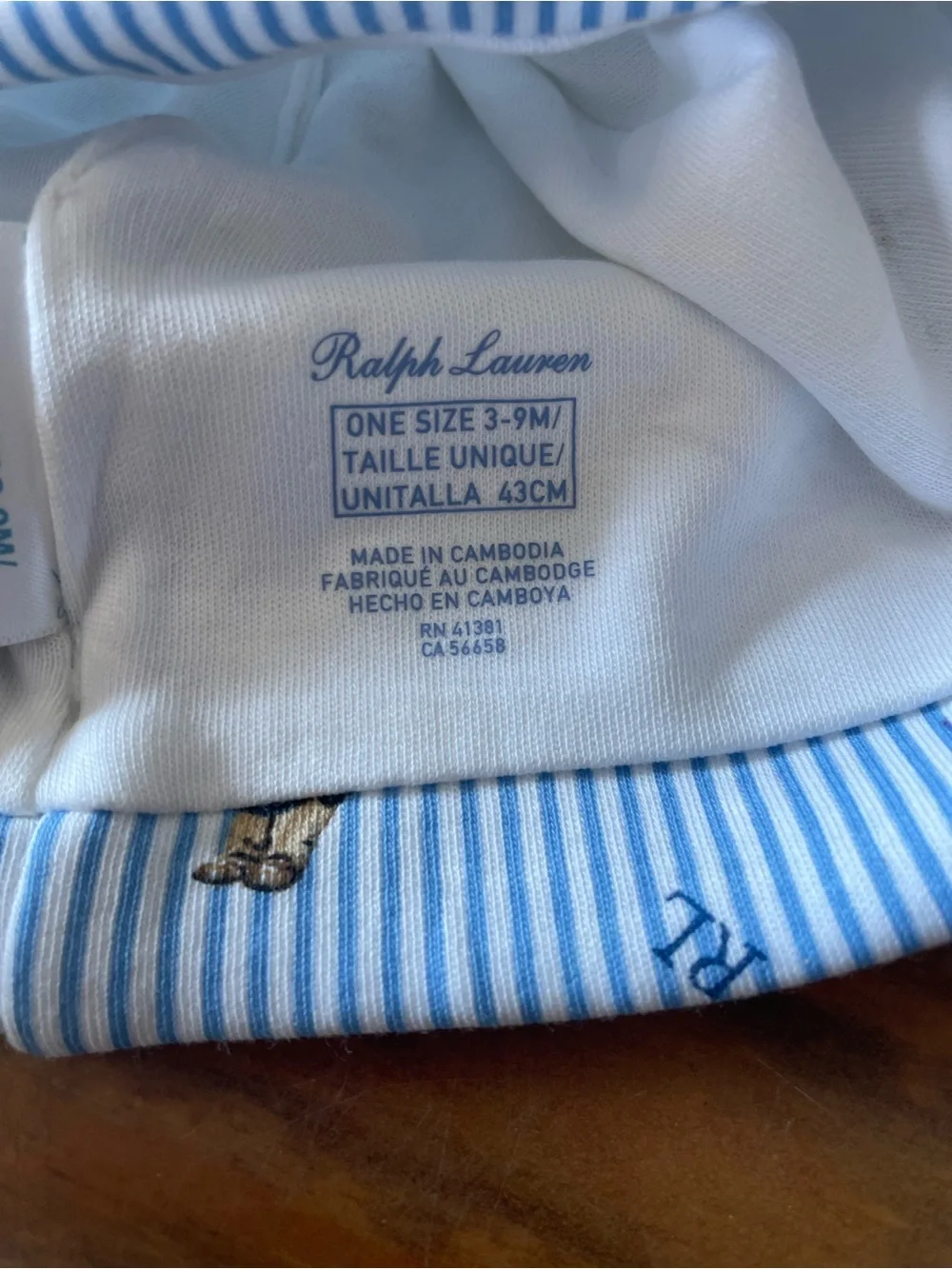 Ralph Lauren Baby Blue Stripe Bear Print Beanie Hat, One Size 3-9 mo. Cotton